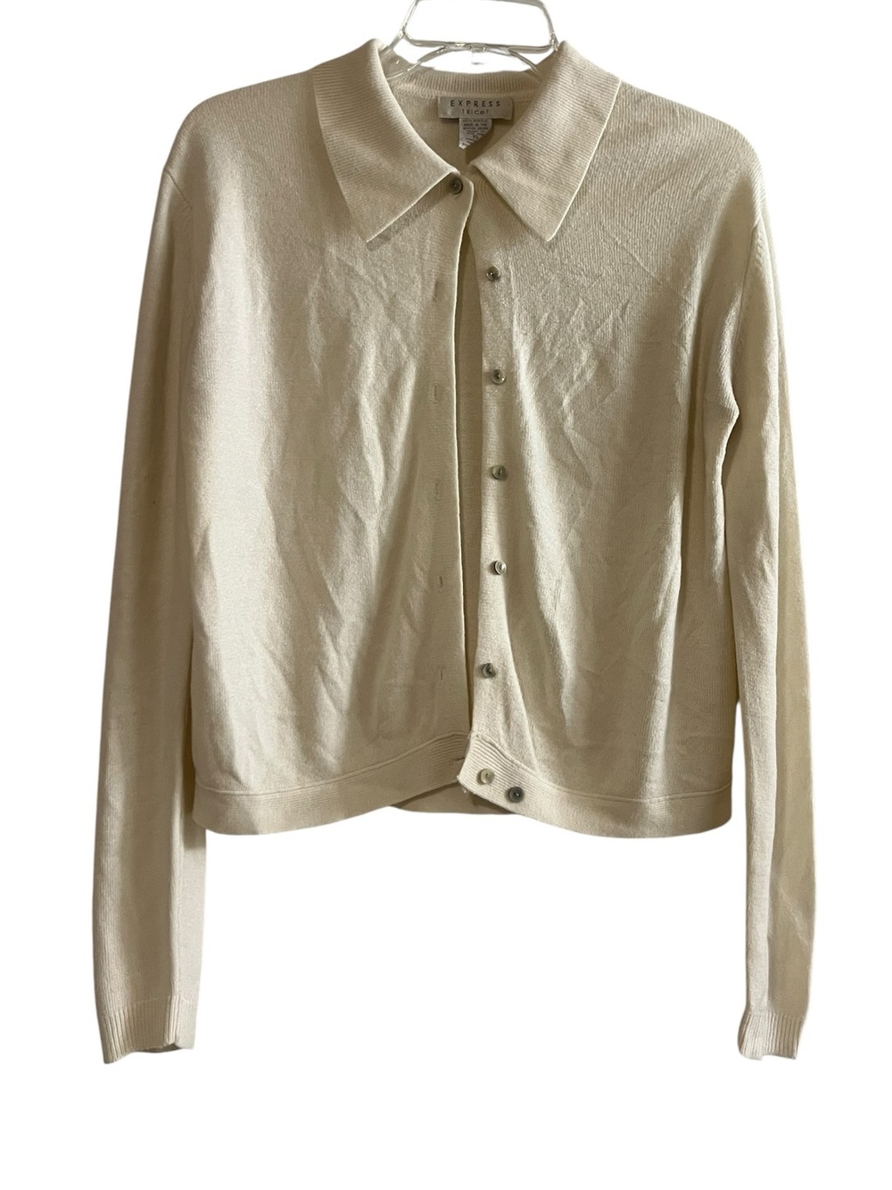 Vintage Express Tricot Knit Collared Button-Up Top Cream XS